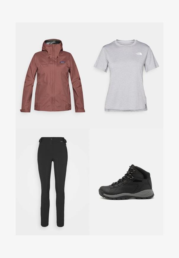 Casaco à prova d'água de manga longa em rosa poeira com capuz, fecho frontal e logo da Patagonia no lado esquerdo do peito.; T-shirt cinza de mangas curtas feito de um tecido suave e que absorve a humidade. Apresenta um decote redondo e um pequeno logotipo branco na parte superior esquerda.; Calças pretas, ajustadas, feitas de um material flexível. As características incluem um bolso lateral com fecho éclair, joelhos articulados e uma textura suave.; Bota de caminhada preta com design de cano médio, apresentando um upper texturizado, detalhes cinzentos e sola de borracha durável com cravos de tração.