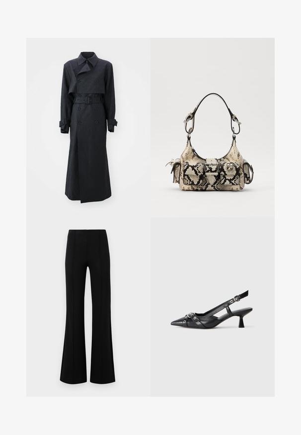 Han Kjøbenhavn Šineļveida mētelis - anthracite black; FRAME BABY TEE - Pamata T-krekls - white; Melnas platas bikses ar augsto jostasvietu, izgatavotas no elastīga auduma. Satur vertikālas šuvju detaļas priekšpusē un gludu tekstūru.; Melnas ādas šlipsveida kurpes ar norādītu purngalu, dekoratīvām joslām ar metāla acīm un zemu bloku papēdi. Teksturēta virsma.; Python-print rokassoma bēšā un melnā krāsā ar strukturētu formu, sprādzi un divām plecu siksnām. Tekstūrēta virsma.