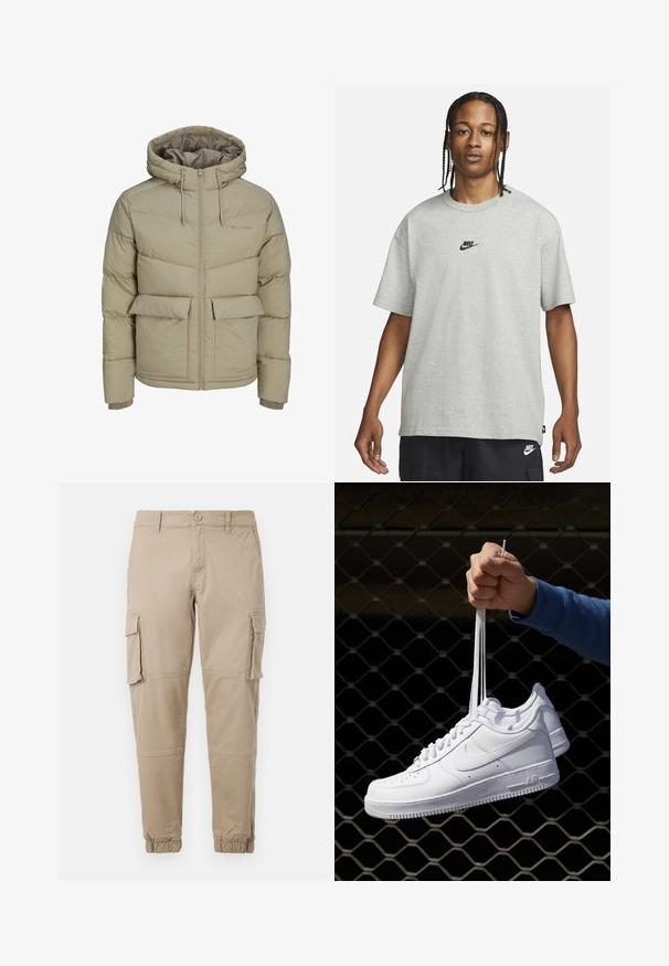 Beige pufferjakke med en tætsiddende hætte, lynlås foran og to store frontlommer. Har quiltet tekstur og elastiske manchetter.; Ung person med fletninger iført en lys grå Nike T-shirt og sorte Nike shorts mod en ensfarvet hvid baggrund.; Beige cargo bukser i et letvægts bomuldsstof. Har elastiske manchetter, flere sidelommer og en knaplukning.; Hvide lædersneakers med perforeringer, rund tå, flad sål og tykke snørebånd, med et synligt swoosh-logo og "AIR" på hælen.