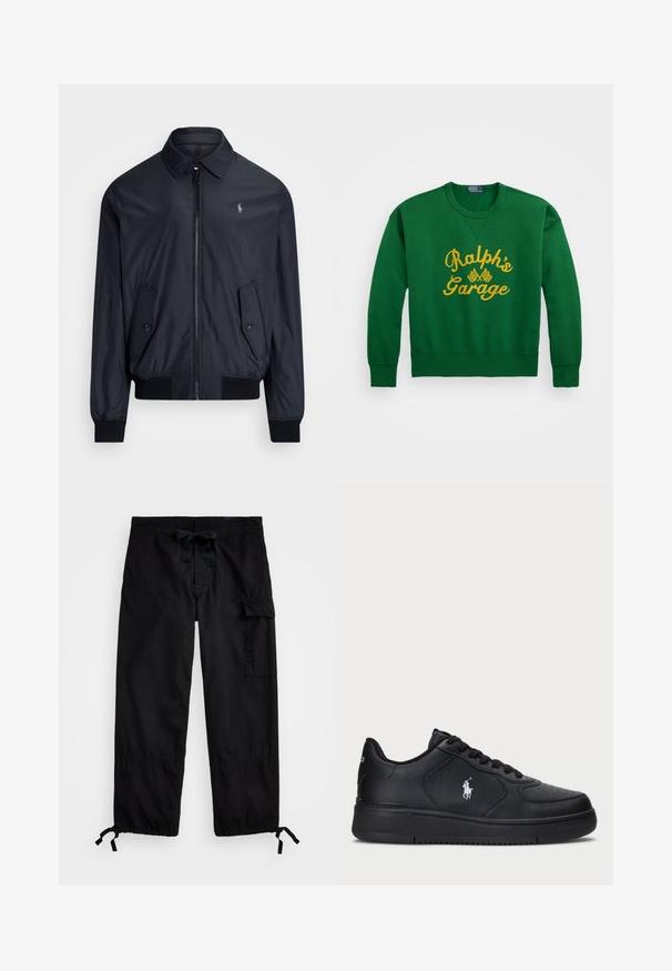 Tamnoplavi bomber jakna izrađena od laganog materijala. Ima oštri ovratnik, prednji zip, dva kuta zakrivljena džepa i rebraste manžetne.; Zelena dukserica s okruglim izrezom, s žutim izvezenim natpisom "Ralphova garaža" i detaljima šahovske zastave. Materijal od mješavine pamuka.; Crne cargo hlače s elasticnim pojasom i vezicom. Imaju bočne džepove i prilagodljive manžete s kabelima. Izrađene su od laganog materijala.; Crne kožne tenisice s perforiranim dizajnom, ravnim vezicama i bijelim izvezenim logotipom sa strane. Debeli crni gumeni potplat.