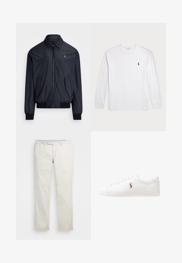 Jakna bomber temno modre barve iz lahkega materiala. Ima koničast ovratnik, sprednji zadrgo, dve kotni žepi in rebrasta manšeta.; Bela dolga majica s dolgimi rokavi iz bombaža. Ima okroglo ovratnico, rebraste manšete in majhen temno moder polo logo na levem prsnem delu.; Bežna bombažna chinosa z ravnim sprednjim delom, zankami za pas in stranskimi žepi. Dizajn z ravnimi nogavicami z gladko teksturo in lahkotnim, zračnim občutkom.; Bela usnjena teniski čevlji, nizki model, z gladko teksturo, okrogle konice, vezavi spredaj ter majhnim vezenim logotipom na strani.