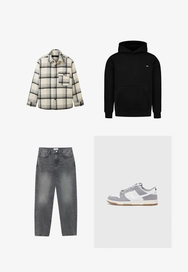 Koszula flanelowa w kremowym kolorze z czarnym wzorem w kratę. Posiada zapięcie na guziki z przodu, kołnierzyk oraz kieszeń na piersi. Miękka tekstura i luźny krój.; Czarna bluza z kapturem wykonana z mieszanki bawełny, posiadająca przednią kieszeń, ściągacz u dołu i przy mankietach oraz małe logo na piersi.; Jeansy z wysokim stanem, luźne, w wyblakłym czarnym deninie. Posiadają pięć kieszeni, szlufki na pasek oraz prosty, klasyczny krój nogawek.; Szare i białe trampki z zamszową i skórzaną cholewą, okrągłym noskiem, płaskimi sznurówkami i gumową podeszwą z akcentem w kolorze gumy.