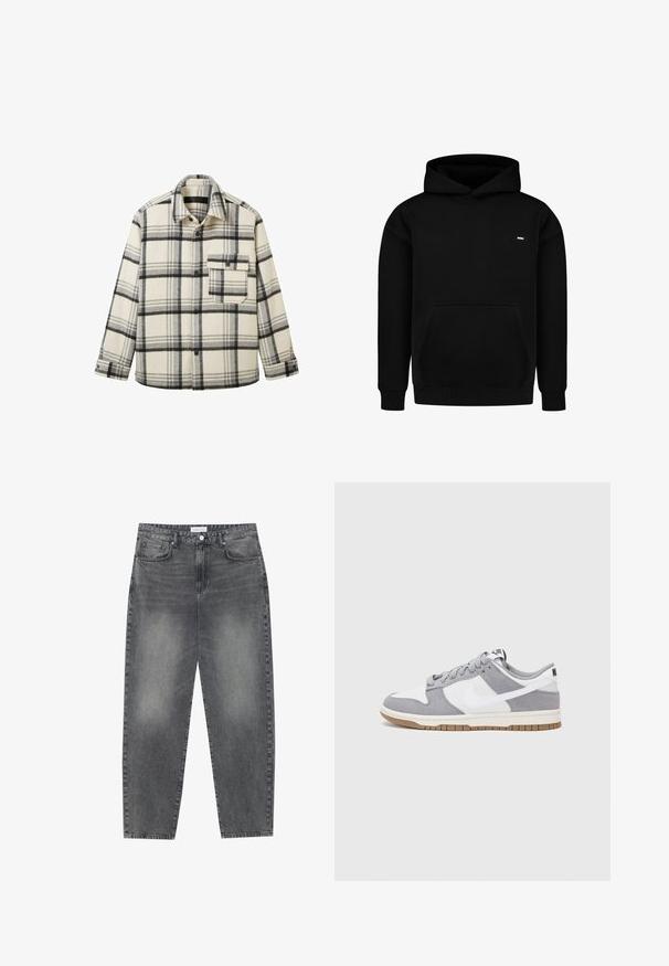Kariertes Flanellhemd in Creme mit schwarzem Karo-Muster. Mit durchgehender Knopfleiste, Kragen und einer Brusttasche. Weiche Textur und lockerer Schnitt.; Schwarzer Hoodie aus einem Baumwollmischgewebe. Verfügt über eine vordere Kängurutasche, gerippte Bündchen und Saum sowie ein kleines Logo auf der Brust. Einfaches Design.; Hoch taillierte, locker sitzende Jeans aus verwaschenem schwarzem Denim. Verfügt über fünf Taschen, Gürtelschlaufen und ein sauberes, gerades Bein-Design.; Graue und weiße Sneaker mit einem Obermaterial aus Wildleder und Leder, abgerundeter Spitze, flachen Schnürsenkeln und einer Gummisohle mit einem Kautschukakzent.