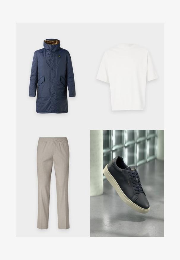 Tamno plava puffer jakna s visokim ovratnikom, prednjim kopčanjem na dugmad, dva bočna džepa i kontrastnom zlatnom unutrašnjom podstavom.; Bijela kratka majica s kratkim rukavima, izrađena od mekog materijala. Okrugli izrez, opušteni kroj i jednostavan dizajn bez ukrasa ili uzoraka.; Svijetlosive hlače s elastičnom trakom u struku, ravnog kroja, izrađene od glatkog materijala. Bez vidljivih uzoraka ili metalnih detalja.; Mornarsko plave kožne tenisice s okruglim vrhom, ravnim vezicama i teksturiranom potplatom; sadrže logo na jeziku, u kontrastu s potplatom u boji krem.