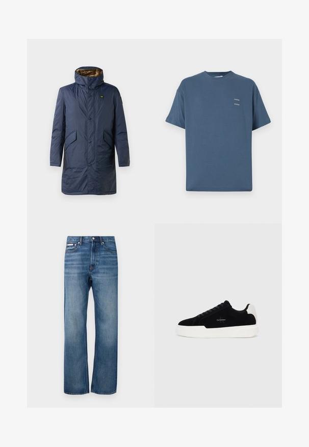 Abrigo acolchado azul marino con cuello alto, cierre frontal de botones, dos bolsillos laterales y un forro interior dorado en contraste.; Camiseta de algodón azul con cuello redondo clásico, mangas cortas, corte relajado y dos pequeños logotipos impresos en el pecho. Textura suave.; Jeans de denim azul de pierna recta con ligero desgaste, cierre frontal de botón y una pequeña etiqueta de logo en el bolsillo frontal derecho.; Zapatilla negra de corte bajo con suela blanca y tab de talón, parte delantera con cordones y logo de Calvin Klein en el lateral.