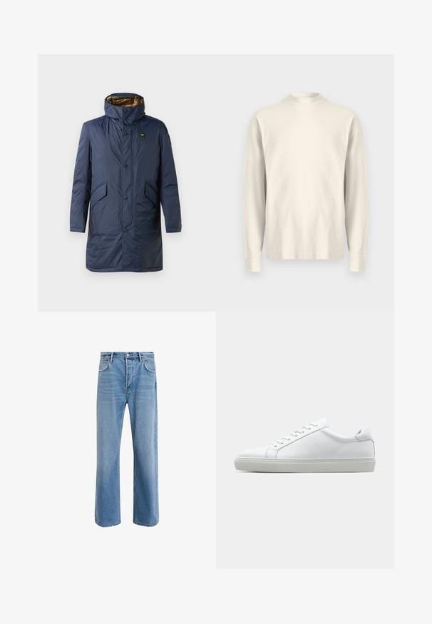 Navy blue puffer coat with a high collar, front button closure, two side pockets, and a contrasting golden interior lining.; Long-sleeve, mock-neck shirt in light cream cotton. Smooth texture, relaxed fit, minimalist design, no visible patterns or accents.; Light blue denim jeans with a straight-leg design, five pockets, button closure, minimal fading, and contrasting stitching details.; White sneaker with a smooth leather upper and a low profile. Features a rounded toe, six eyelets, and a textured rubber sole.