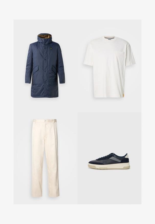 Cappotto imbottito blu navy con collo alto, chiusura frontale a bottoni, due tasche laterali e una fodera interna dorata a contrasto.; T-shirt bianca in cotone con scollo rotondo, maniche corte e taschino sul lato sinistro del petto. Presenta un piccolo logo su un lato della cucitura.; Pantaloni in cotone beige con taglio dritto, dotati di chiusura a bottone e pence sul davanti per un tocco di dettaglio in più.; BOSS BALTIMORE - Sneakers basse - open blue