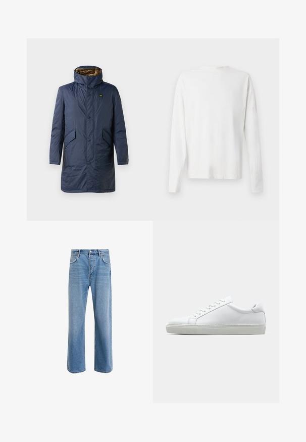 Manteau en duvet bleu marine avec un col montant, une fermeture à boutons sur le devant, deux poches latérales et une doublure intérieure dorée contrastante.; Chemise en coton blanc à manches longues avec un col rond, fentes latérales en bas et une texture lisse, présentée de dos.; Jeans en denim bleu clair avec une coupe droite, cinq poches, fermeture à bouton, peu d'usure et des détails de couture contrastés.; Sneaker blanche avec une tige en cuir lisse et un profil bas. Présente un bout arrondi, six œillets et une semelle en caoutchouc texturé.