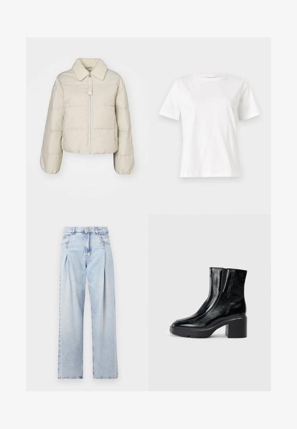 Beige puffjacka med fårskinnskrage, dragkedja fram och kviltad design. Har ribbade ärmslut och en cropped silhuett. Varumärkets tagg synlig.; Vit bomullströja med korta ärmar, rund halsringning och en avslappnad passform. Slät textur, inga mönster eller detaljer, minimalistisk design.; Ljust blå denimjeans med hög midja, vida ben, två sidofickor och veckad design. Mjuk textur med en blekt finish.; Svarta lacklädersankelstövlar med rundad tå, elastiska sidopaneler och en chunky klack. Har en präglad logotyp på baksidan.