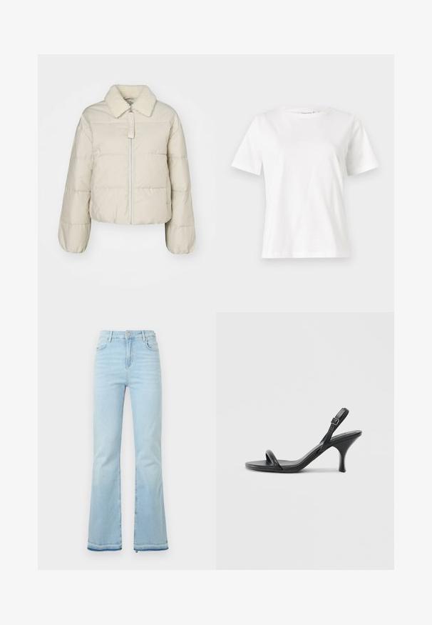 Beige pufferjakke med krage i saueskinn, glidelås foran og quiltet design. Har ribbede mansjetter og en kort silhuett. Merketag er synlig.; Hvit bomull t-skjorte med korte ermer, rund hals og avslappet passform. Glatt tekstur, ingen mønstre eller detaljer, minimalistisk design.; Lyseblå flagrende jeans laget av denim, med høy midje, frontlommer og rå kant ved mansjettene for et uformelt utseende.; Sorte skinnhøye hæler med en slank, buet hæl og et kryssrem-design. Justerbar ankelrem. Glatt tekstur.