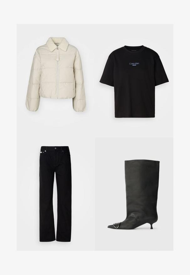 Beige puffjacka med fårskinnskrage, dragkedja fram och kviltad design. Har ribbade ärmslut och en cropped silhuett. Varumärkets tagg synlig.; Svart bomulls T-shirt med rund nacke, korta ärmar och blå broderad "Calvin Klein JEANS" logotyp på framsidan.; Svarta denimbyxor med rak passform, fem fickor, silverfärgade nitar och knappstängning. Tyget har en slät, något strukturerad finish.; Svart läder ankelstövel med spetsig tå, liten klack och metallisk accentdetalj på tån. Slät, matt yta över hela skon.