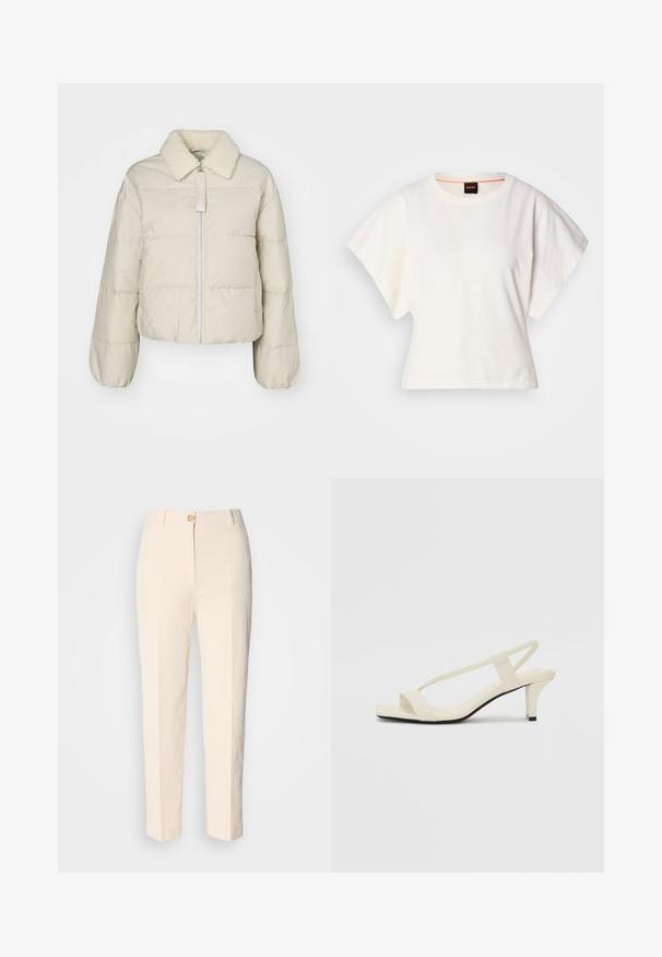 Beige puffer jacket with a shearling collar, zip front, and quilted design. Features ribbed cuffs and a cropped silhouette. Brand tag visible.; White cropped T-shirt, short wide sleeves, soft cotton material, round neckline with subtle orange trim, minimal design, no patterns or graphics.; Cream-colored, high-waisted trousers made of textured fabric. Features a front button closure and tapered legs.; Beige block-heeled sandals with thin straps and a square toe. Smooth material with minimal detailing, designed for easy wear.