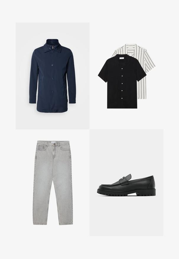 Cappotto leggero blu navy con chiusura a bottoni, colletto a punta, due tasche laterali e tessuto morbido. Adatto per varie condizioni climatiche.; Due camicie a manica corta: una nera uniforme, l'altra bianca con strisce verticali nere. Entrambe presentano chiusure a bottoni e un colletto classico.; Pantaloni in denim grigio chiaro con design a gamba dritta, stile a cinque tasche e chiusura con bottone. Cuciture visibili lungo le cuciture.; Mocassini in pelle nera con punta rotonda, caratterizzati da un design cucito, suola piatta bassa e un battistrada in gomma testurizzata e scolpita.