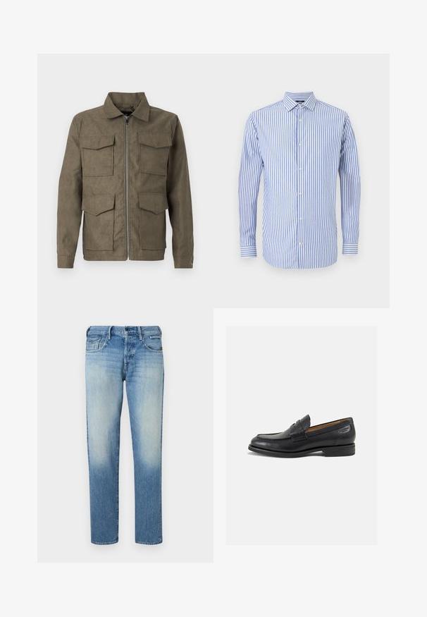 Olivenfarget jakke laget av mykt stoff med glidelås, har fire frontlommer og klassisk krage. Glatt tekstur, rett snitt.; Blå og hvitstripete skjorte med krage, lange ermer og rett fald. Myk stoff og klassisk passform.; Lys blå denimjeans med en bleket finish, rettskårne ben, fem lommer og knappelukking. Stikninger og merkeetikett på baksiden.; Sorte lær loafers med en glat overflade, rund tå og dekorativ syning på forfoden. Lav stablet hæl og let glans.
