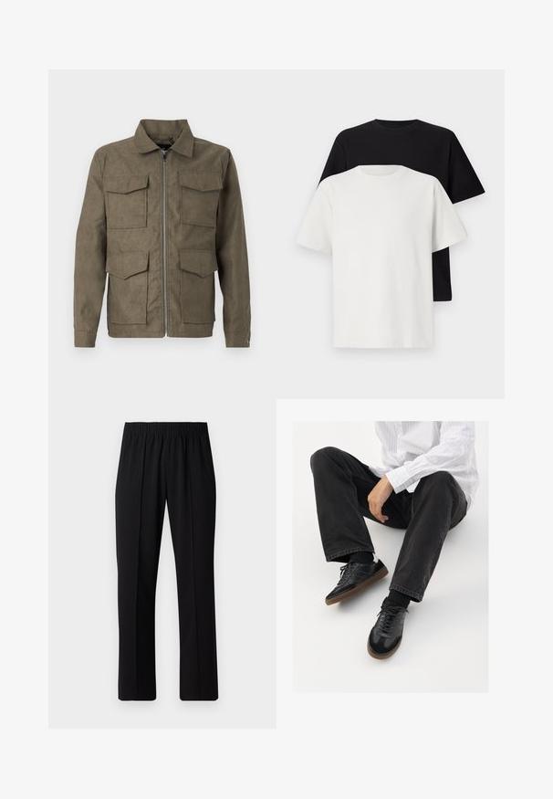 Olivenfarget jakke laget av mykt stoff med glidelås, har fire frontlommer og klassisk krage. Glatt tekstur, rett snitt.; Sett med bomull t-skjorter bestående av en svart topp og en hvit topp, begge med korte ermer, rund hals og standard passform. Teksturet stoff.; Svart, elastisk midjebukser med rett ben-design, med en glatt tekstur og uten synlige mønstre eller maskinvare.; Svarte joggesko med en glatt og teksturert overflate, med gummisåle og mørke snører. Kombinert med svarte jeans og en hvit stripet skjorte.