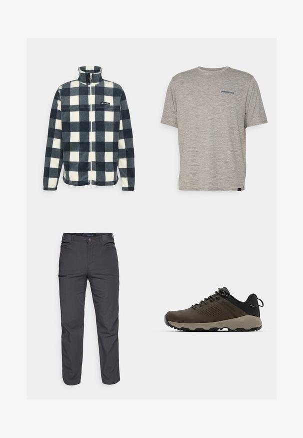 Fleece jacket with a high collar, featuring a navy and white checkered pattern, front zipper, and a small logo on the chest.; Gray short-sleeve t-shirt made of soft, textured fabric featuring a small blue Patagonia logo on the left chest. No additional patterns.; Dark gray trousers made of durable fabric, featuring a zippered pocket, straight cut, and belt loops for adjustable fit.; Brown waterproof sneakers with a textured upper, perforated accents, black heel support, and a grey rubber sole. Laces are styled with metallic ends.