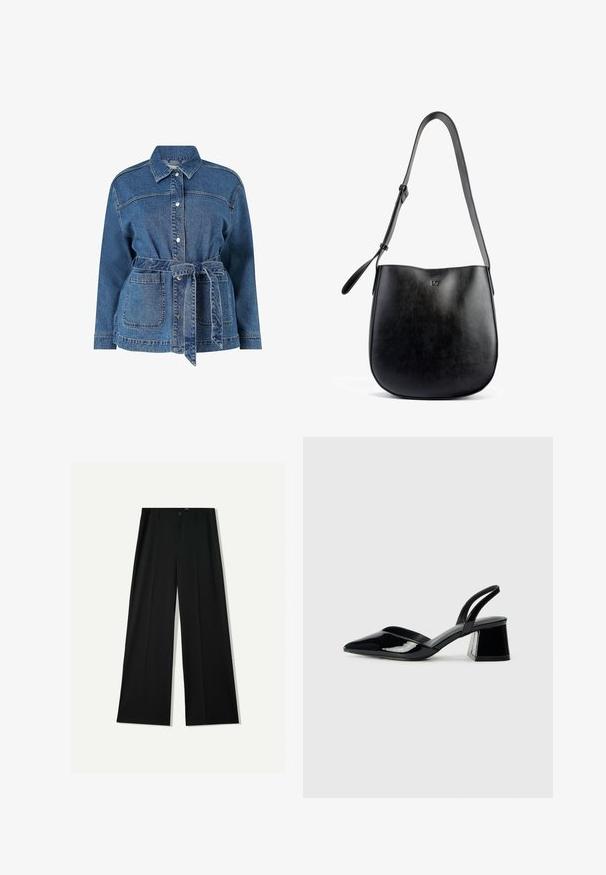 Veste en jean, bleue, avec une silhouette ajustée, taille ceinturée, fermeture à boutons, deux grandes poches poitrine et un col pointu. Tissu texturé.; Top court sans manches noir en tissu lisse, avec un col rond et un design épuré, simple, sans motifs ni accessoires.; Bershka WIDE - Pantalon classique - black; Escarpins en cuir verni noir avec bout pointu et talon bloc géométrique. Présente un design élégant et minimaliste ainsi qu'une texture lisse.; Sac à main en cuir noir avec une texture lisse, une forme courbée, une bandoulière ajustable et un logo en relief discret à l'avant.