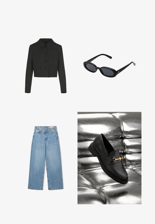 Černá zkrácená bunda s dlouhými rukávy, límečkem ve stylu Peter Pan, předními knoflíky a dvěma předními našitými kapsami.; Hladká bílá dlouhá košile s dlouhým rukávem, kulatým výstřihem, zobrazená zezadu, ležící na bílém pozadí.; Světlé modré široké džínové kalhoty vyrobené z denimu, s vysokým pasem, pěti kapsami, knoflíkovým zapínáním a jemným vyblednutím pro texturu.; Černé kožené loafery s detaily zlatého kovu. Obuv má elegantní design a hladký, lesklý povrch.; Černé oversized sluneční brýle s oválnými čočkami, hladkým plastovým rámem a zlatými akcenty na spáncích. Tmavé čočky poskytují ochranu před sluncem.