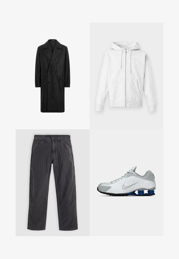 Kaksirivinen musta villakangastakki, jossa on leveät kaulukset, kaksi sivutaskua ja sileä, teksturoitu pinta. Pitkät hihat ja polvipituinen leikkaus.; Huppari vaaleanharmaata väriä, valmistettu pehmeästä kankaasta. Siinä on kiristettävä huppu, kaksi etutaskua ja ribbadut hihansuut, sekä hillitty logo rinnassa.; Tummansininen puuvillainen t-paita lyhyillä hihoilla ja pyöreällä kaula-aukolla. Keskellä sininen "SUNNEI"-logo. Eroavaisuusompeleet.; Mustat raidoitetut housut, jotka on valmistettu puuvillaseoksesta. Ominaisuuksiin kuuluu suorat lahkeet, sivutaskut ja nappisuljenta.; Valkoinen ja harmaa Nike-juoksukenkä, jossa on hopea swoosh, siniset jousimaiset pohjatyynyt ja musta pito-osa yksinkertaisella taustalla.