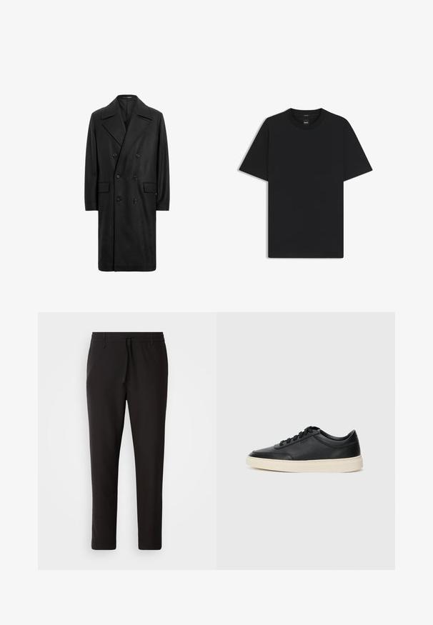 Dobbeltradet sort frakke lavet af uld, med brede revers, to sidelommer og en glat, struktureret finish. Lange ærmer og knælængde.; Sort kortærmet T-shirt lavet af en glat bomuldsblanding, med en rund halsudskæring og et minimalistisk design uden mønstre eller accenter.; Sorte joggebukser lavet af glat stof. Har en elastisk talje med snor, tætsiddende ben og ingen synlige lommer. Enkel design.; Sort lavt top lædersneaker med sorte snørebånd og off-white sål vist i sideprofil på hvid baggrund.