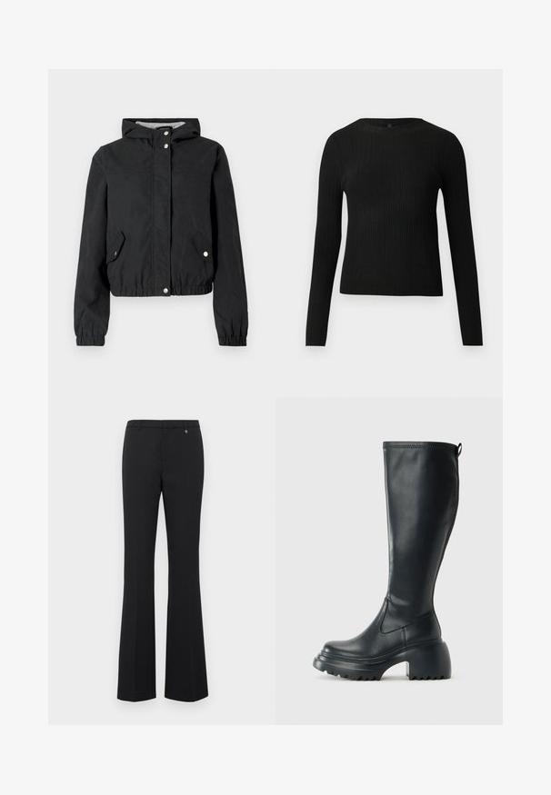 Fekete, könnyű dzseki kapucnival, cipzárral, rugalmas mandzsettákkal, elülső zsebekkel és struktúrált anyaggal.; Fekete bordázott, hosszú ujjas, testhez simuló pulóver kerek nyakkivágással, világos, egyszínű háttér előtt kiemelve.; Fekete, lágy anyagból készült, trapéznadrág. Közepes derekú, övhurkokkal, lapos elülső résszel és egy kis arany díszítéssel a derékpánt közelében.; Magas fekete bőrcipő, vastag platform talppal és blokk sarokkal, húzófüllel és texturált profillal az outsole-on.