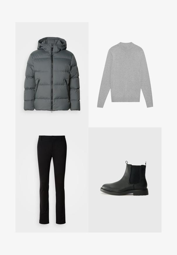 Gray puffer jacket with a hood, featuring a front zipper, elastic cuffs, a lightweight material, and horizontal stitching for insulation.; Light grey long-sleeve crewneck sweater with ribbed collar, cuffs, and hem, laid flat on a white background.; Black trousers made of smooth fabric, featuring a button closure, belt loops, and a straight-leg design. No visible patterns or accents.; Black leather chelsea boots with elastic side panels, pull tabs, rounded toe, and textured rubber sole. Smooth surface and sturdy design.