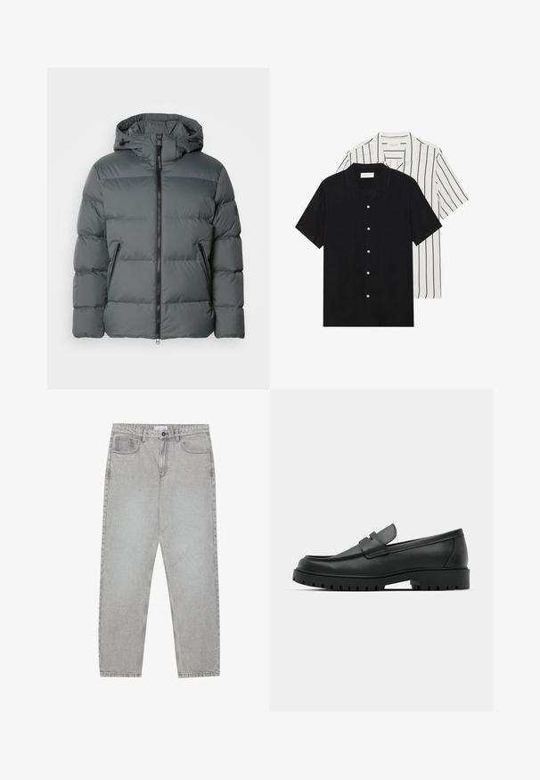 Harmaa puhvijakku hupulla, jossa on etuvetoketju, joustavat hihansuut, kevyt materiaali ja vaakaommeltu eristys.; Kaksi lyhythihaista puseroa: yksi yhtenäinen musta, toinen valkoinen mustilla pystyraitoilla. Molemmissa on napitus ja klassinen kaulus.; Vaaleanharmaat farkut, joissa on suora lahje, viisi taskua ja nappisulku. Saumojen varrella näkyvä ompelu.; Musta nahkaloafers, joissa on pyöreä kärki, ommeltu pinta, matala alusta ja kuvioitu, kuminen ulkopohja.