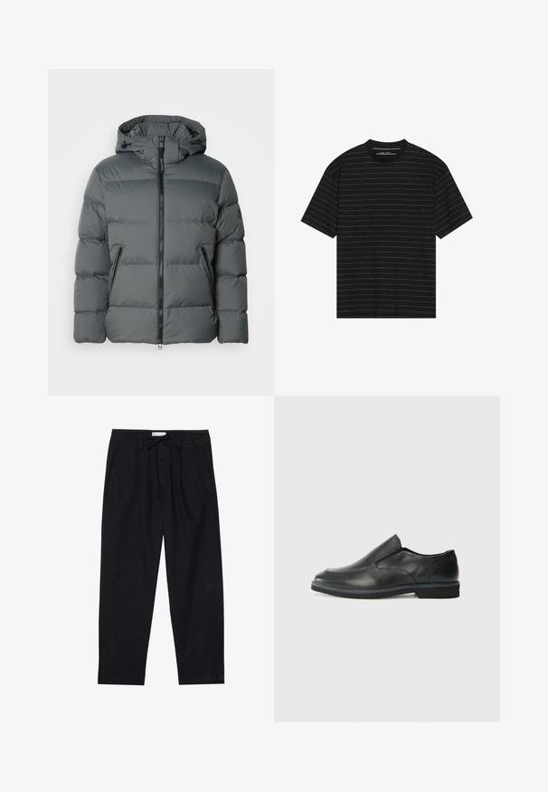 Chaleco de plumas gris con capucha, que cuenta con un cierre frontal, puños elásticos, un material ligero y costuras horizontales para el aislamiento.; Camiseta negra de manga corta con finas rayas horizontales blancas. Confeccionada en una tela suave, cuenta con un cuello redondo y un corte relajado.; Pier One Pantalones chinos - black; Zapato negro de cuero sin cordones con un upper suave, detalles de costura, punta redonda y un bajo tacón de goma. La suela presenta una tracción mínima.