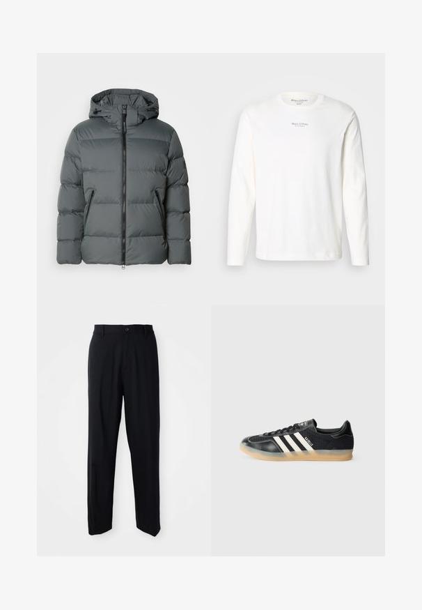 Gray puffer jacket with a hood, featuring a front zipper, elastic cuffs, a lightweight material, and horizontal stitching for insulation.; Long-sleeve white cotton t-shirt. Features a crew neck and small black logo text centered on the chest. Soft texture, casual design.; Black straight-leg trousers with belt loops, button closure, and a sleek, minimal design on a neutral background.; Black athletic sneaker with white stripes, textured fabric, smooth leather toe, and a gum rubber sole. Features logo on tongue.