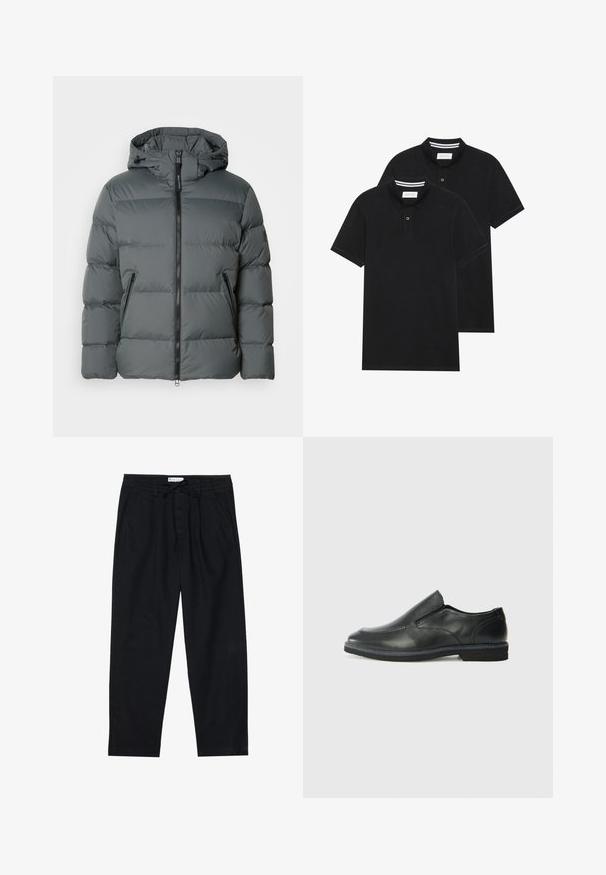 Doudoune grise avec capuche, dotée d'une fermeture éclair sur le devant, de poignets élastiques, d'un matériau léger et de coutures horizontales pour l'isolation.; Deux polos noirs, à manches courtes, en coton, avec un col classique, une patte de boutonnage à deux boutons, et des accents rayés blancs à l'intérieur du col.; Pier One Chino - black; Chaussure slip-on en cuir noir avec une tige lisse, des accents cousus, un bout arrondi et un petit talon en caoutchouc. La semelle présente un profil de traction minimal.