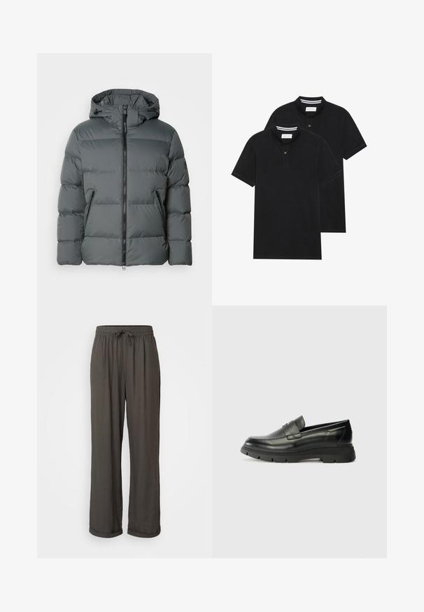 Chaleco de plumas gris con capucha, que cuenta con un cierre frontal, puños elásticos, un material ligero y costuras horizontales para el aislamiento.; Dos camisetas polo negras, de manga corta, de material de algodón, que presentan un cuello clásico, una tapeta de dos botones y acentos de rayas blancas en el interior del cuello.; Pantalones de pierna ancha en gris oscuro con cintura ajustable, hechos de una tela suave y texturizada, que cuentan con puños enrollados en los tobillos.; Mocasines de cuero negro con suela de goma. El diseño presenta un upper cosido y una amplia correa en el empeine. Textura suave, forma contemporánea.