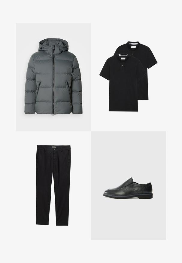 Šedá prešívaná bunda s kapucňou, so zipsom vpredu, elastickými manžetami, ľahkým materiálom a horizontálnym prešívaním na izoláciu.; Dvé čierne polo tričká, krátke rukávy, vyrobené z bavlny, s klasickým golierom, dvojitým gombíkom a bielymi pruhmi vo vnútri goliera.; Čierne nohavice z hladkej tkaniny, s gombíkovým zapínaním, dvoma prednými vreckami a pritom prispôsobeným strihom.; Čierny kožený nazúvací topánka s hladkým zvrškom, prešitými akcentmi, zaoblenou špičkou a nízkym gumovým podpätkom. Podošva má minimálny dezén.