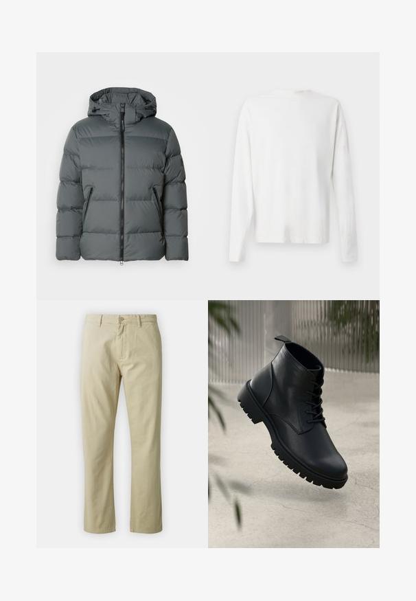 Grå pufferjakke med hette, med glidelås foran, elastiske mansjetter, lett materiale og horisontal søm for isolasjon.; Langermet hvit bomullsskjorte med rund hals, sidespalter nederst og en jevn tekstur, vist fra baksiden.; Beige bomullsbukser med rett ben-design, frontlukking med knapp og beltehemper. Jevn tekstur, ingen synlige mønstre eller detaljer.; Sorte skinn ankleboots med rund tå, snøring og grov gummisåle. Glatt tekstur med en stropp bak.
