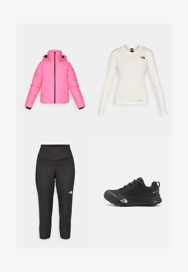 Rosa boblejakke med hette, med et diagonalt quiltet mønster, frontglidelås og svart trim ved mansjettene.; The North Face SHADOW LONG SLEEVE - Topper langermet - white dune; Sorte capri leggings laget av elastisk stoff, med høy midje og en liten hvit logo på venstre side. Glatt tekstur.; Svart tursko med teksturert overdel, snøring og en kraftig gummisåle som har et fremtredende logo på siden og mønster i sålen.