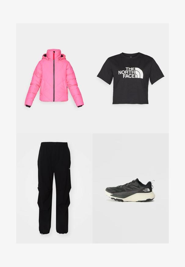 Jachetă puf pink cu glugă, având un model în carouri diagonale, fermoar frontal și margine neagră la manșete.; Cămașă scurtă neagră din bumbac, cu un logo alb cu accente curbate și textul "THE NORTH FACE" pe față. Mâneci scurte, guler rotund.; Pantaloni negri de exterior, confecționați dintr-un material durabil, cu o croială relaxată, talie elastică și manșete strânse pentru lungime ajustabilă.; Pantofii sport negri cu un superior texturat, având accente gri și o talpă intermediară albă. Include un sistem de prindere și un logo de marcă proeminent pe călcâi.