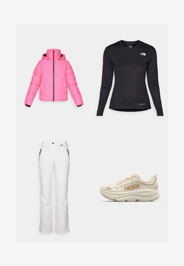Rozā pūkains mētelis ar kapuci, ar diagonālu izšūtu rakstu, priekšējo rāvējslēdzēju un melnu apdari pie piedurknēm.; The North Face SHADOW LONG SLEEVE - Tops ar garām piedurknēm - black; Baltie slēpošanas bikses ar taisnām kājām, aprīkotas ar melniem kabatām ar rāvējslēdzējiem un pogu aizdari viduklī. Gluda, izturīga auduma struktūra.; Gaiša beiga skriešanas apava ar sietveida augšdaļu, mīkstu apkaklīti, izteiksmīgu "HOKA" zeltītu logotipu un biezu, mīkstinātu zoli komfortam.