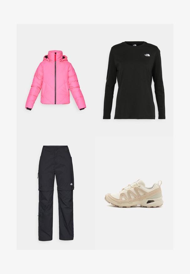 Rožinė pūkinė striukė su gobtuvu, turinti įstrižinę siuvinėjimo struktūrą, priekinį užtrauktuką ir juodą apdailą ant rankovių.; Juodas ilgomis rankovėmis medvilninis marškinėliai su apvali apykakle. Savybė - mažas baltas logotipas kairėje krūtinės pusėje. Paprastas dizainas ir pritaikymas.; Juodos nailoninės krovinių kelnės su reguliuojamais rankovėmis, daugybe kišenių ir logo ant dešinės kojos. Lygi, lengva tekstūra.; Bežinės ir kreminės spalvos sportinės bateliai su tekstūruoto tinklelio viršutine dalimi, palaikančiomis detalėmis ir guminiais padais, turinčiais raštą, užtikrinantį sukibimą.