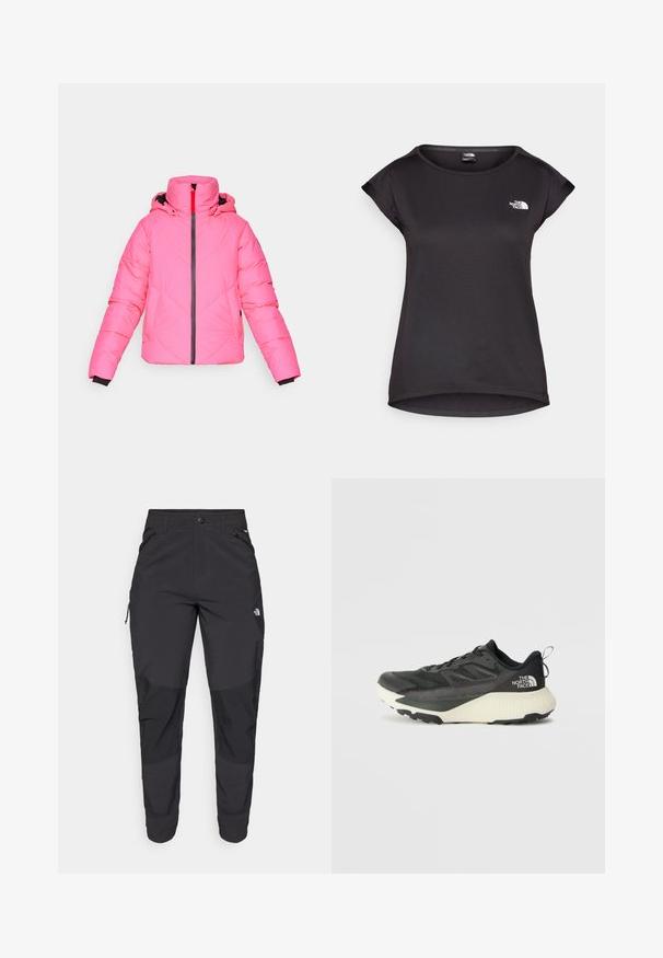 Roosa puhvjakas kapuutsiga, millel on diagonaalne tikandid, ees tõmblukk ja must äär varrukatel.; The North Face TANKEN TANK - Spordi T-särk - black; Must black välitingimustes püksid, mis on valmistatud vastupidavast kangast. Omavad lukugaTaskuid, tugevdatud põlvepaneele ja sirget lõiget liikuvuse tagamiseks.; Musty mustusjalats musta pealisega, millel on tekstuur, hallid aktsendid ja valge vaheosa. Sisaldab tõmbeosa ning silmapaistvat brändi logo kandadel.