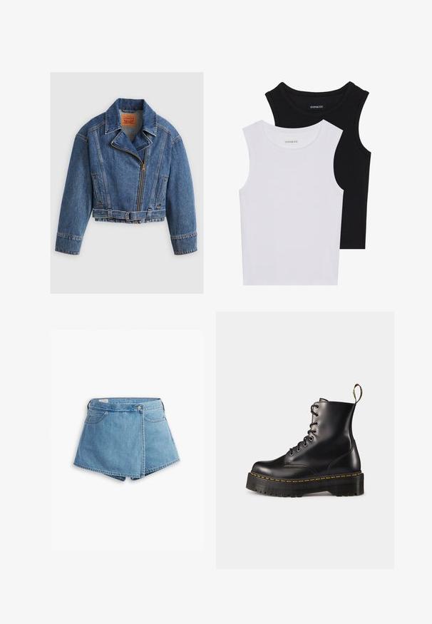 Avskuren blå denimjacka med dragkedja framtill, stor krage, bälte med metallspänne och snedställda framfickor. Klassisk design och textur.; Två ärmlösa toppar i svart och vitt, tillverkade av ribbat bomull, med rund halsringning och en figurpassande design. Etiketter synliga på båda.; Jeansshorts i ljusblått, med en omslagdesign, framfickor och metallknappslutning. Snygg textur med sydda kanter.; Svarta läder snörade anklar med en kraftig svart sula och gul söm. Har en dragflik baktill och runda metallöglor.