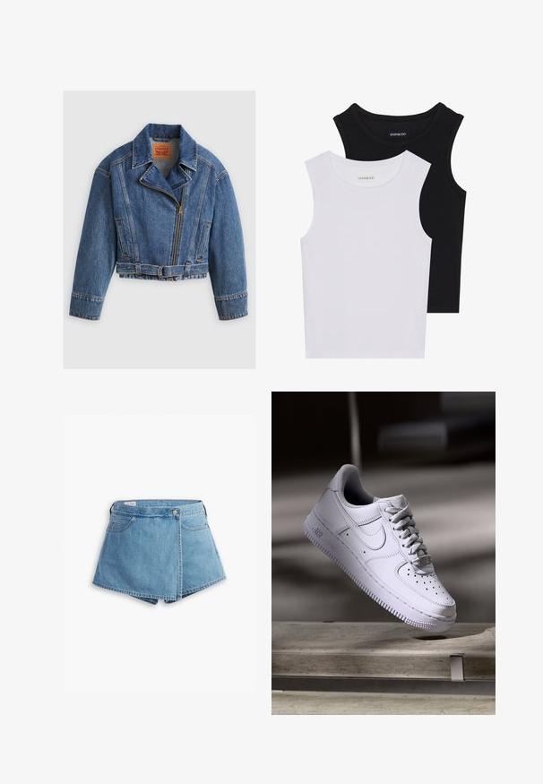 Lyhennetty sininen farkkutakki, jossa on vetoketjukiinnitys, suuri kaulus, metallisella soljella oleva vyö ja viisto etutasku. Klassinen muotoilu ja tekstuuri.; Kaksi hihattomaa toppia mustana ja valkoisena, valmistettu ribbikankaasta, jossa on pyöreät kaula-aukot ja tiukka muotoilu. Tunnisteet näkyvät molemmissa.; Vaaleansiniset farkkushortsit, joissa on vyötäröltä kietoutuva muotoilu, etutaskut ja metallinappikiinnitys. Tasainen pinta, jossa on ommellut reunat.; Valkoinen Nike Air Force 1 -tossu leijuu betonipinnan yläpuolella varjojen kera minimalistisessa ympäristössä.