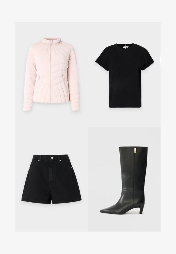 Padded, light pink jacket with a stand collar, front zip closure, and stitched pattern. Features two side pockets and decorative buttons.; Black cotton t-shirt with rolled short sleeves, featuring an embossed logo in the center and a small flag accent on the side.; Black denim shorts with a high waist, five pockets, silver hardware, and a standard fit, featuring a smooth texture and clean finishing.; Black leather knee-high boot with a pointed toe and a small heel. Features a sleek design with a gold accent detail. Smooth texture.