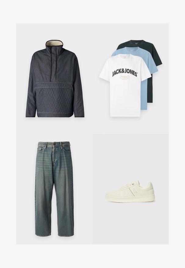 Temno jeans jakna s visokim ovratnikom, prešito diamantsko vzorec spredaj in mehak notranji podlog. Črni poudarki ob robovih.; Tri metra kratkih rukavov majic s krojem in okroglo izrezom v beli barvi z logotipom Jack & Jones, svetlo modri in črni, n stacked na belega ozadja.; Svetlomoderne kavbojke z ohlapnim krojem, srednjim pasom in ravnimi nogami. Imajo pet žepov, zanke za pas in zapiranje na gumb.; Sneaker v kremni barvi s perforiranim detajlom, vezalkami in logotipom na strani, prikazan na enostavni beli ozadju.