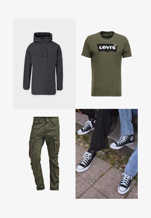 Dunkelgraue Kapuzenjacke mit einem Reißverschluss vorne, ausgestattet mit zwei großen Taschen und einem verstellbaren Kordelzug an der Kapuze und Taille.; Olivegrünes Baumwoll-T-Shirt mit einem großen schwarzen Levi's-Logo auf der Vorderseite. Klassischer Rundhalsausschnitt und kurze Ärmel, glatte Textur.; Olivgrüne Cargo-Hosen aus strapazierfähiger Baumwolle. Sie verfügen über mehrere Taschen, eine mit Reißverschluss versehene Seitentasche und ein tapered Bein mit einer leicht strukturierten Oberflächenbeschaffenheit.; Schwarzecanvas-Sneaker mit hohem Schaft, weißen Gummisohlen und Schnürsenkeln, die ein rundes Logo an der Seite besitzen und mit Denim- sowie schwarzen Hosen kombiniert sind.