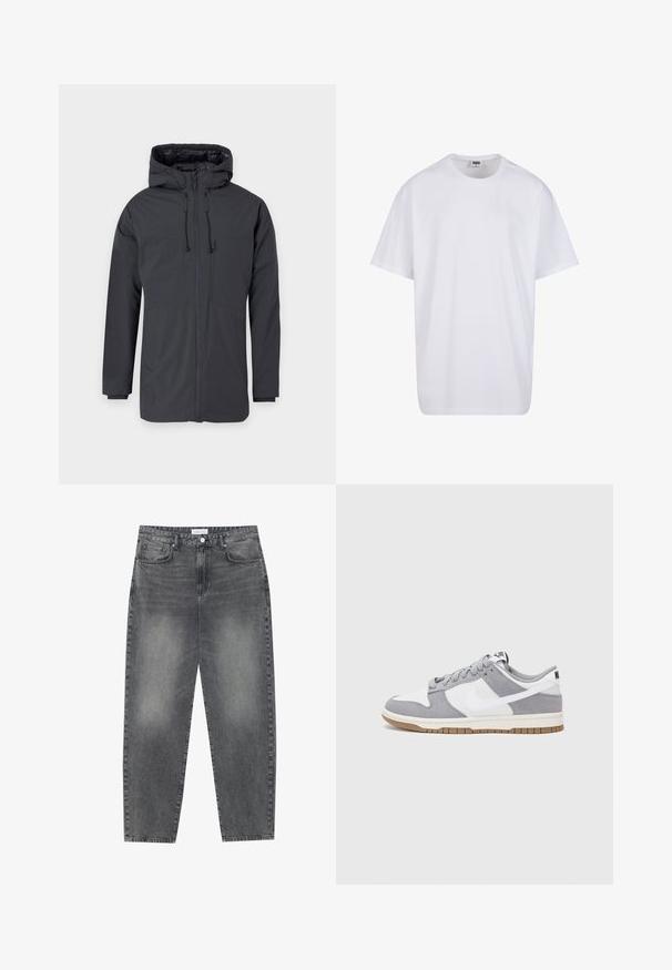 Sötétszürke kapucnis dzseki, elülső cipzárral, két nagy zsebbel és állítható zsinórral a kapucnin és a deréknál.; Fehér pamut póló rövid ujjal, kerek nyakú, laza szabású, és nincsenek látható logók vagy minták. Simább textúra és minimalista dizájn.; Magasan szabott, bővebb szabású farmernadrág fakó fekete denim anyagban. Öt zsebbel, övhurkokkal és tiszta, egyenes lábszár dizájnnal rendelkezik.; Szürke és fehér sportcipő, velúr és bőr felsőrésszel, kerek orral, lapos fűzőkkel és gumitalppal, amelyen rágógumi színű díszítés található.