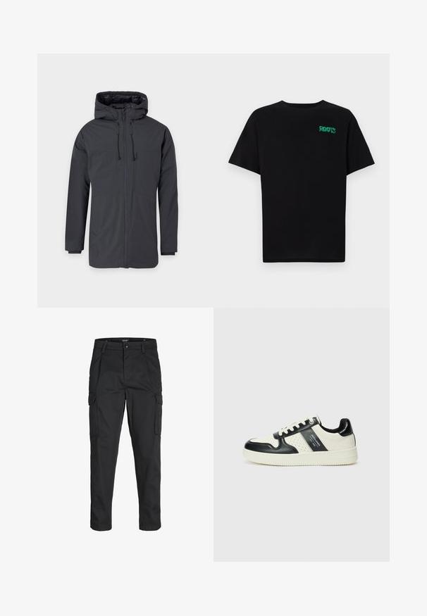 Sötétszürke kapucnis dzseki, elülső cipzárral, két nagy zsebbel és állítható zsinórral a kapucnin és a deréknál.; Fekete, pamutból készült póló rövid ujjakkal. Elöl zöld "ROOTS" logóval, kerek nyakkivágással és normál szabással.; Fekete cargo nadrág, amely tartós anyagból készült, több zsebet tartalmaz, gombos záródással rendelkezik, és karcsú szabású, szűkített lábakkal bír.; Fekete és krém színű bőrsneaker, perforált díszítésekkel, párnázott bokapánttal és texturált talppal.