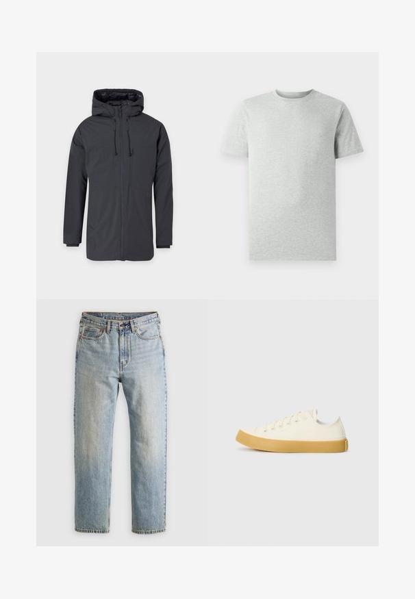 Tamsiai pilkas gobtuvu švarkas su priekyje užtraukiama užtrauktuku, turintis dvi dideles kišenes ir reguliuojamą raištelį gobtuvo ir liemens srityse.; Šviesiai pilka trumpomis rankovėmis marškinėliai su apvaliu kaklu, pristatyti baltoje fone, matomi iš priekio, be jokių matomų logotipų ar dizaino.; Šviesiai mėlynos džinsinės kelnės su aukštu liemeniu, priekyje mygtukas, užtrauktukas ir penkių kišenių dizainas, išklotos ant neutralios fono.; Oficio drobės sneakeriai baltai kreminės spalvos, su apvaliu galiuku, su smėlio spalvos guminiais padais ir penkiomis skylėmis raištams, turintys tekstūruotą viršutinę dalį.