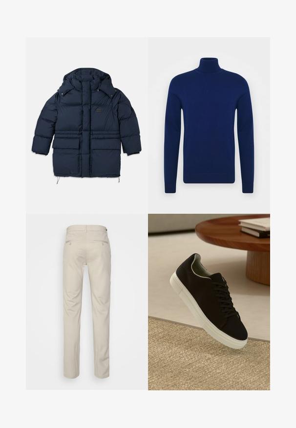 Námořnická prošívaná bunda s vysokým límcem, dvěma velkými předními kapsami a značkovou nášivkou. Disponuje díky šňůrce ve spodní části a patentními uzávěry.; Námořnický modrý rolák vyrobený z hladké pleteniny. Dlouhé rukávy a přiléhavý střih s žebrovanými detaily na límci a lemu.; Beige kalhoty se hladkým povrchem, rovný střih, dvě zadní kapsy s knoflíky a standardní pas.; Černé tenisky s bílou podrážkou plující nad béžovým texturovaným kobercem poblíž kulatého dřevěného stolu se stohovanými knihami.