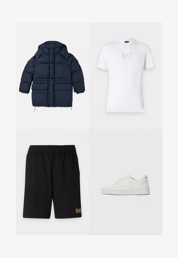 Navy puffer jacket with a high collar, two large front pockets, and a branded patch. Features a drawstring hem and snap closures.; White cotton t-shirt featuring a round neckline and short sleeves, with a gold EA7 Emporio Armani logo printed on the front.; Black athletic shorts made of soft fabric,Featuring an elastic waistband and a small yellow EA7 logo on the lower left leg.; White leather sneaker with a smooth finish, round toe, flat laces, and a textured sole. Features a subtle logo on the heel.