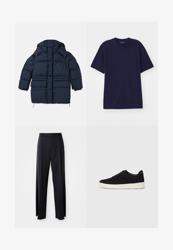 Jūras spēku pūkains cimds ar augstu apkakli, divām lielām priekšējām kabatām un zīmola uzlīmi. Iespējama auklas nostiprināšana apakšā un spiedpogām.; Tumši zils kokvilnas T-krekls ar īsām piedurknēm, kurā ir tekstūrēts izšūts logo ērgļa formā kreisajā krūtī.; Melnas, augstās vidukļa bikses ar platām kājām, izgatavotas no gludas auduma. Iezīmē priekšējās krokas un jostas cilpas. Minimalistisks dizains, bez redzamām detaļām.; Melnas zamšas kedas ar auklām un kontrastējošu baltu gumijas zoli. Iekļauj teksturētas sānu panēles un diskretu zīmolu uz papēža.