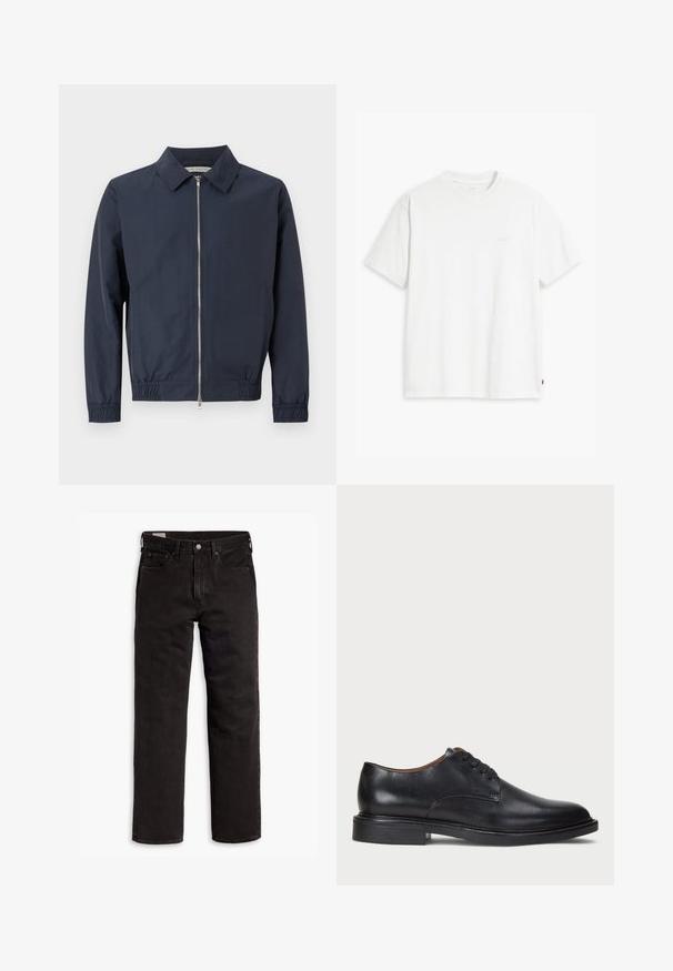 Dunkelblaue, leichte Jacke mit Kragen, Frontreißverschluss, elastischen Bündchen und Saum. Glatte Textur und minimalistisches Design.; Weißes Baumwoll-T-Shirt mit kurzen Ärmeln, Rundhalsausschnitt und dezentem Levi's-Logo in der Mitte. Weicher Stoff und normale Passform.; Schwarze gerade Jeans aus Denim mit fünf Taschen, Knopfverschluss und Gürtelschlaufen, flach auf einem weißen Hintergrund ausgelegt.; Schwarze Lederdressschuhe mit runder Zehenform, Schnürdesign und niedrigem gestapeltem Absatz. Glatte Textur mit minimalen Nähten.